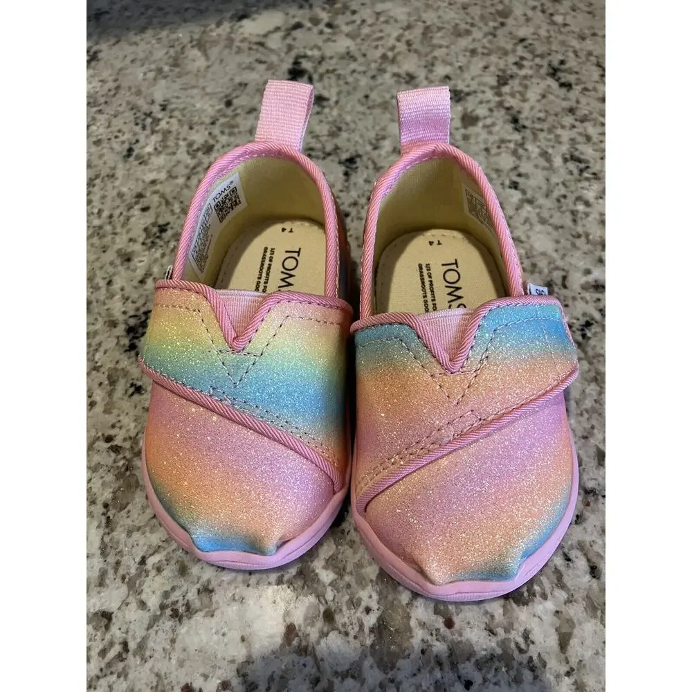 NEW TOMS Alpargata Candy Pink Gradient Glitter Slip On Shoes Size 4 Little Girls